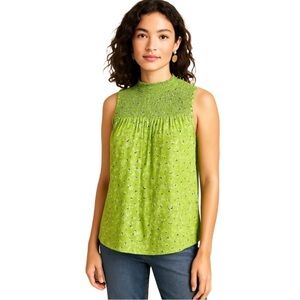 NWT RACHEL ZOE Chartreuse Floral Print Smocked Sleeveless Blouse